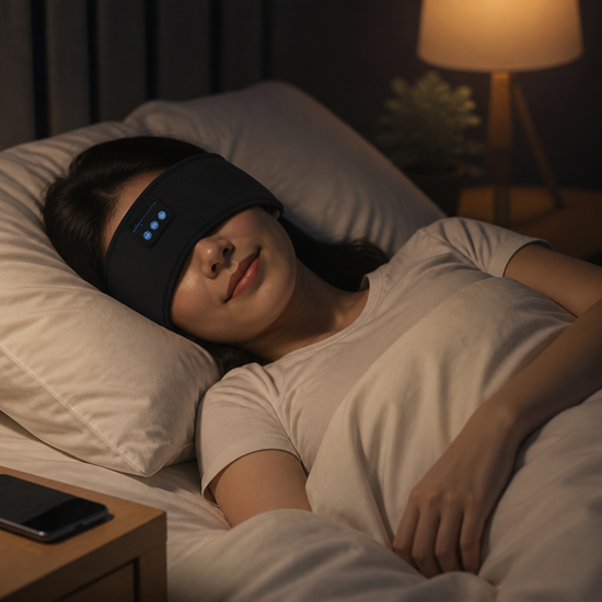 Femme qui dort avec le bandeau de sommeil Bluetooth